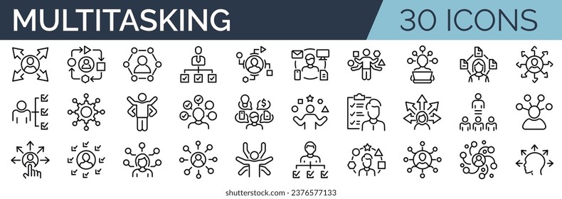 Set of 30 outline icons related to multitasking. Linear icon collection. Editable stroke. Vector illustration