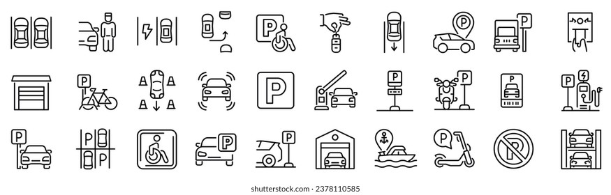 Set of 30 outline icons related to parking. Linear icon collection. Editable stroke. Vector illustration