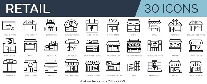 Set of 30 outline icons related to retail. Linear icon collection. Editable stroke. Vector illustration