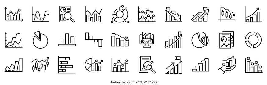 Set of 30 outline icons related to charts. Linear icon collection. Editable stroke. Vector illustration