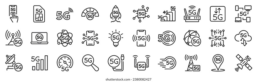 Conjunto de 30 iconos de contorno relacionados con la tecnología de línea 5G. Colección de iconos lineales. Trazo editable. Ilustración del vector