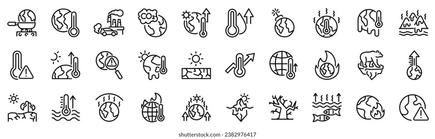 Set of 30 outline icons related to global warming. Linear icon collection. Editable stroke. Vector illustration