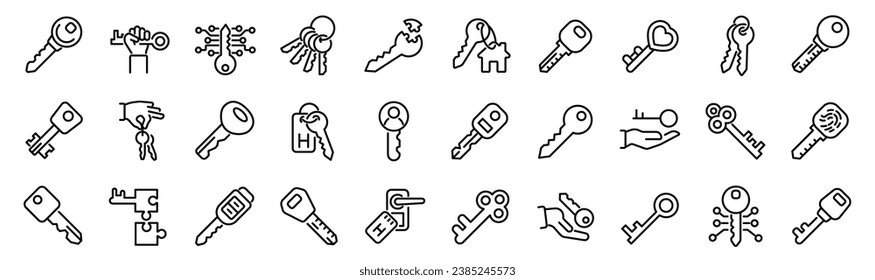 Set of 30 outline icons related key. Linear icon collection. Editable stroke. Vector illustration