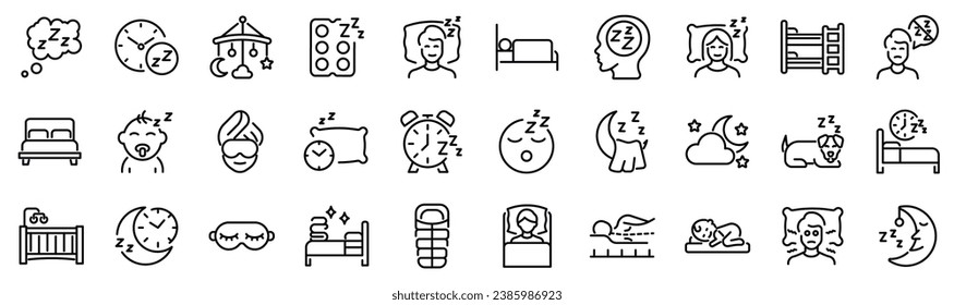 Set of 30 outline icons related to sleep. Linear icon collection. Editable stroke. Vector illustration