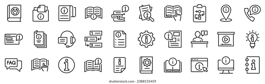 Set of 30 outline icons related to info, guide, information, instructions. Linear icon collection. Editable stroke. Vector illustration