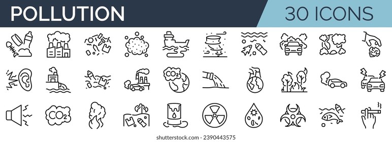 Set of 30 outline icons related to pollution. Linear icon collection. Editable stroke. Vector illustration svg