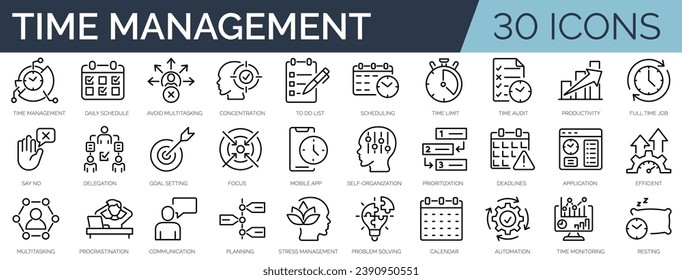 Set of 30 outline icons related to time management. Linear icon collection. Editable stroke. Vector illustration