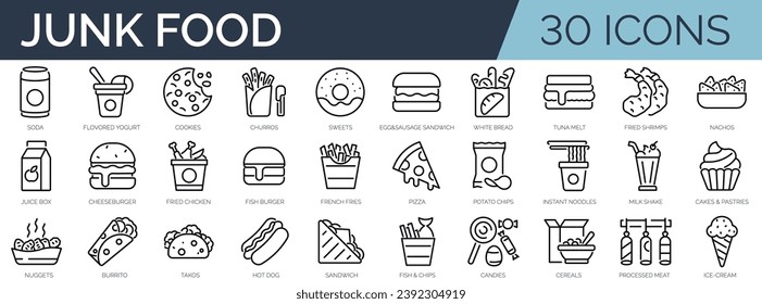 Set of 30 outline icons related to junk food. Linear icon collection. Editable stroke. Vector illustration
