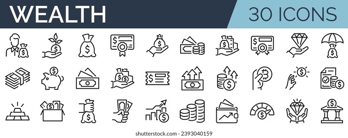 Set of 30 outline icons related to wealth. Linear icon collection. Editable stroke. Vector illustration