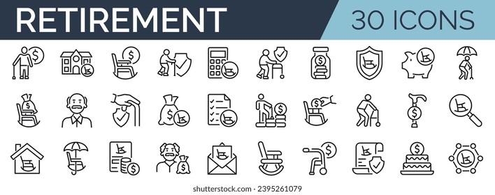 Set of 30 outline icons related to retirement. Linear icon collection. Editable stroke. Vector illustration