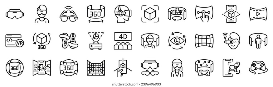 Set of 30 outline icons related to virtual reality, augmented reality. Linear icon collection. Editable stroke. Vector illustration