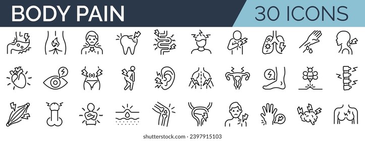 Set of 30 outline icons related to body pain. Linear icon collection. Editable stroke. Vector illustration