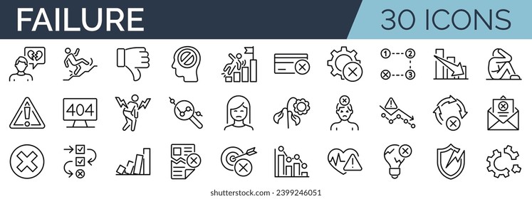 Set of 30 outline icons related to failure. Linear icon collection. Editable stroke. Vector illustration