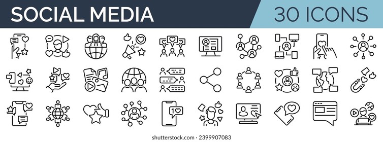 Set of 30 outline icons related to social media, social networks. Linear icon collection. Editable stroke. Vector illustration