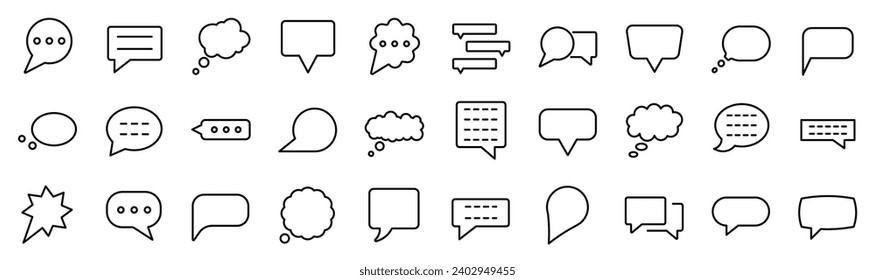 Set of 30 outline icons related to chat bubbles. Linear icon collection. Editable stroke. Vector illustration