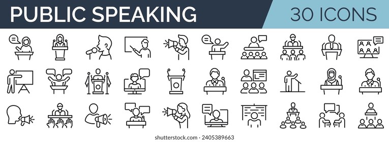 Set of 30 outline icons related to public speacking. Linear icon collection. Editable stroke. Vector illustration