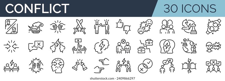 Set of 30 outline icons related to confrontation, conflict. Linear icon collection. Editable stroke. Vector illustration