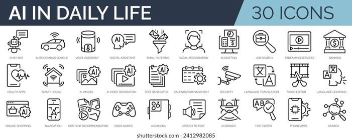 Set of 30 outline icons related to Artificial intelligence in daily life. Linear icon collection. Editable stroke. Vector illustration