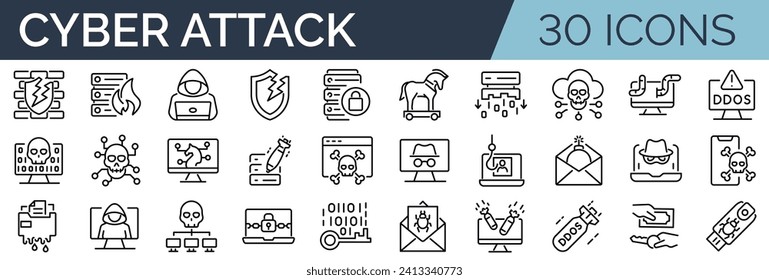 Set of 30 outline icons related to cyber attack. Linear icon collection. Editable stroke. Vector illustration