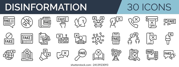 Set of 30 outline icons related to disinformation. Linear icon collection. Editable stroke. Vector illustration svg