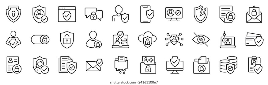 Conjunto de 30 iconos de esquema relacionados con la privacidad de datos. Colección de iconos lineales. Trazo editable. Ilustración del vector