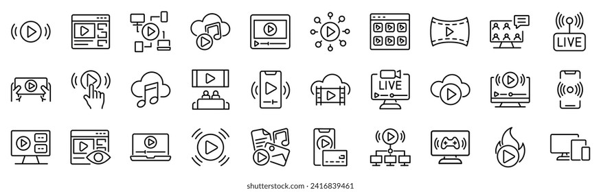 Set of 30 outline icons related to streaming media services. Linear icon collection. Editable stroke. Vector illustration