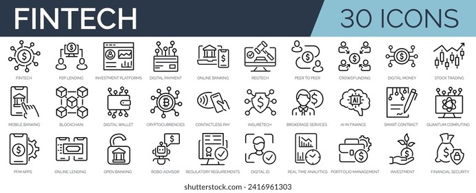 Set of 30 outline icons related to fintech. Linear icon collection. Editable stroke. Vector illustration