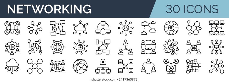 Set of 30 outline icons related to networking. Linear icon collection. Editable stroke. Vector illustration