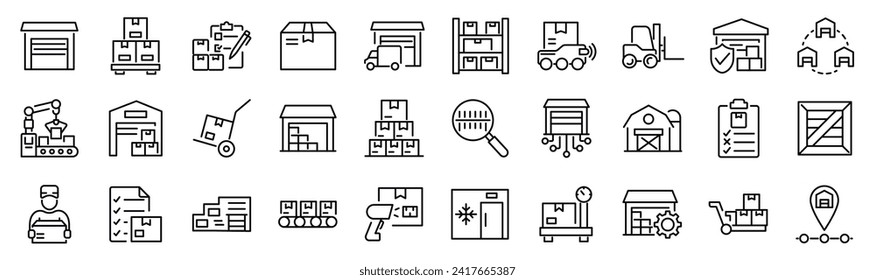 Set of 30 outline icons related to warehouse. Linear icon collection. Editable stroke. Vector illustration