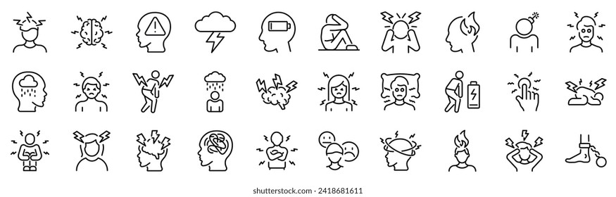 Set of 30 outline icons related to stress. Linear icon collection. Editable stroke. Vector illustration