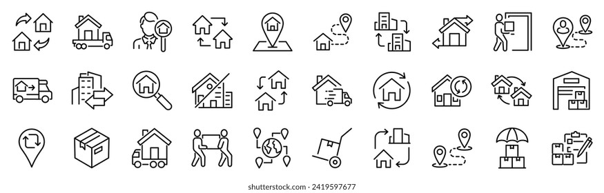 Set of 30 outline icons related to relocation. Linear icon collection. Editable stroke. Vector illustration