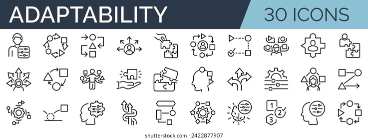 Set of 30 outline icons related to adaptability. Linear icon collection. Editable stroke. Vector illustration