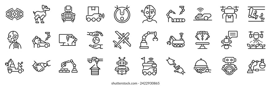 Set of 30 outline icons related to robotics. Linear icon collection. Editable stroke. Vector illustration