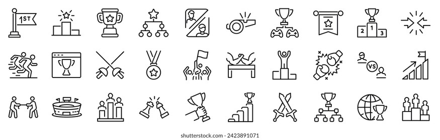 Set of 30 outline icons related to competition. Linear icon collection. Editable stroke. Vector illustration