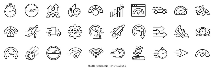 Set of 30 outline icons related to speed. Linear icon collection. Editable stroke. Vector illustration