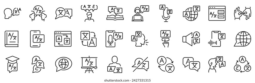 Set of 30 outline icons related to languages. Linear icon collection. Editable stroke. Vector illustration