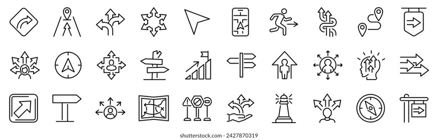 Satz von 30 Umrisssymbolen im Zusammenhang mit Orientierung. Lineare Symbolsammlung. Bearbeitbarer Strich. Vektorgrafik