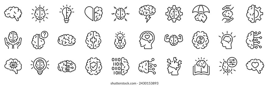 Set of 30 outline icons related to brain.Linear icon collection. Editable stroke. Vector illustration