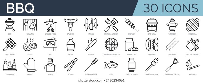 Set of 30 outline icons related to bbq.Linear icon collection. Editable stroke. Vector illustration