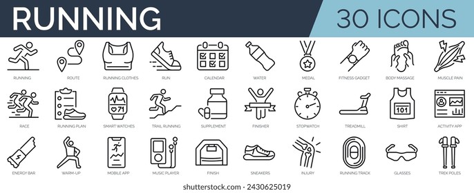 Set of 30 outline icons related to running.Linear icon collection. Editable stroke. Vector illustration