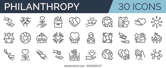 Set of 30 outline icons related to philanthropy.Linear icon collection. Editable stroke. Vector illustration