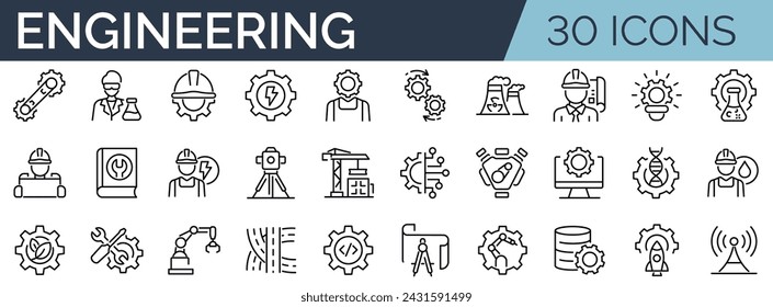 Set of 30 outline icons related to engineering.Linear icon collection. Editable stroke. Vector illustration