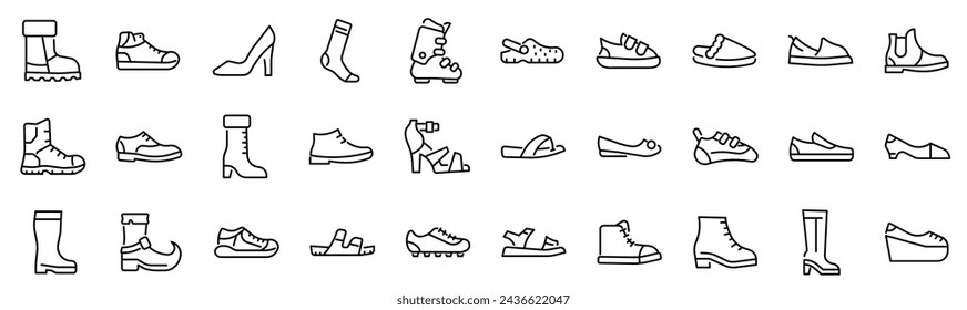 Set of 30 outline icons related to footwear.Linear icon collection. Editable stroke. Vector illustration