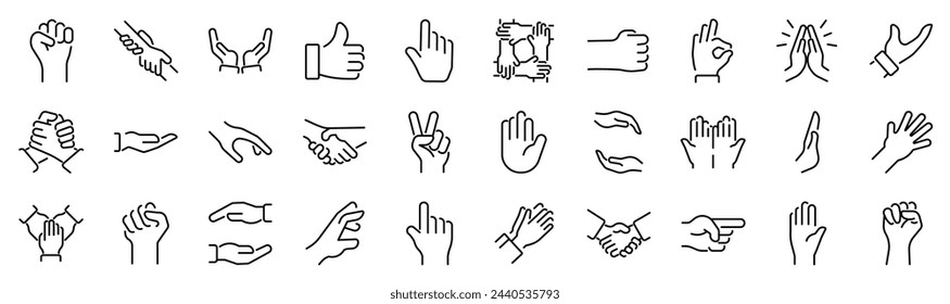 Set of 30 outline icons related to hands. Linear icon collection. Editable stroke. Vector illustration