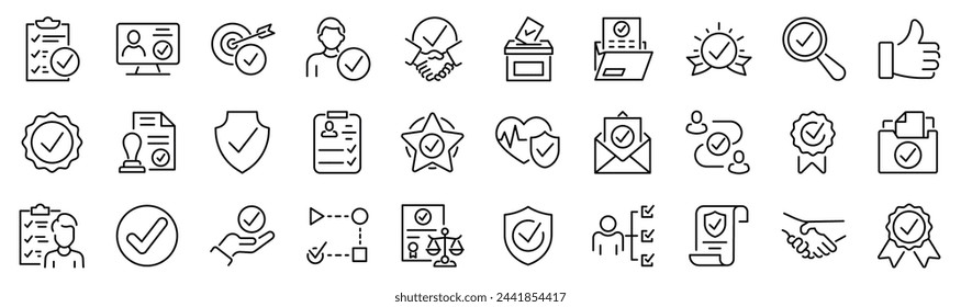 Set of 30 outline icons related to checkmark, validation. Linear icon collection. Editable stroke. Vector illustration