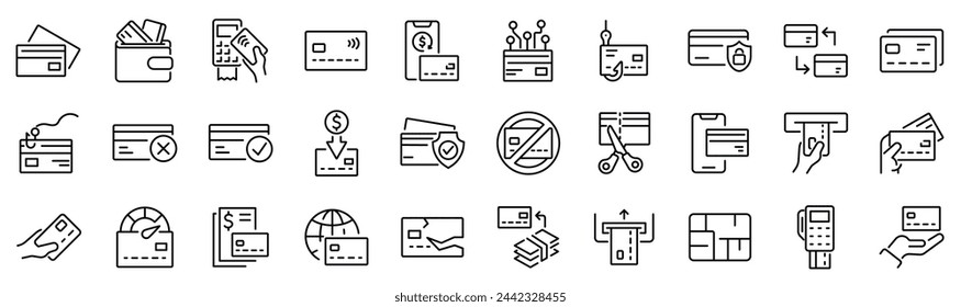 Conjunto de 30 iconos de esquema relacionados con la tarjeta de crédito. Colección de iconos lineales. Trazo editable. Ilustración de vector