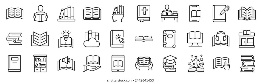 Conjunto de 30 iconos de esquema relacionados con el libro. Colección de iconos lineales. Trazo editable. Ilustración de vector