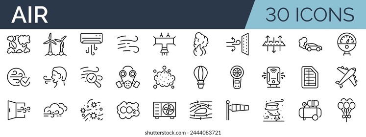 Set of 30 outline icons related to air. Linear icon collection. Editable stroke. Vector illustration