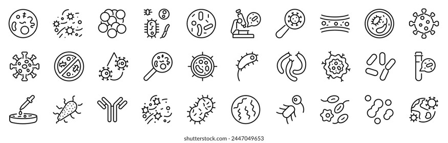 Set of 30 outline icons related to microorganisms. Linear icon collection. Editable stroke. Vector illustration