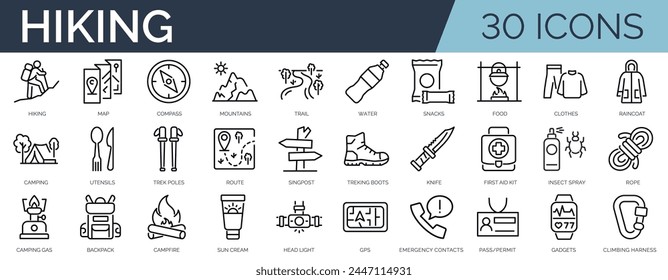 Set of 30 outline icons related to hiking. Linear icon collection. Editable stroke. Vector illustration